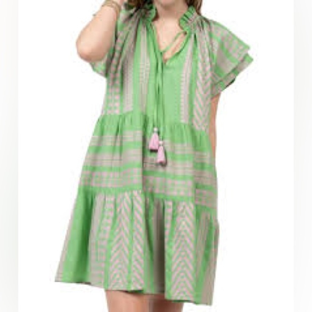 Uncle Frank Green & Pink Boho Tassel Ruffle Sleeve Tiered Pocketed Dress L